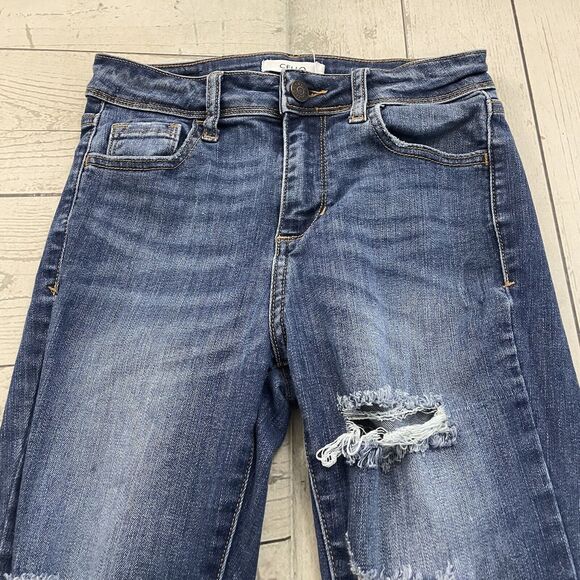 Cello Women's Size 1 Blue Mid-Rise Stretch Distressed Skinny Ankle Jeans - Picture 4 of 9